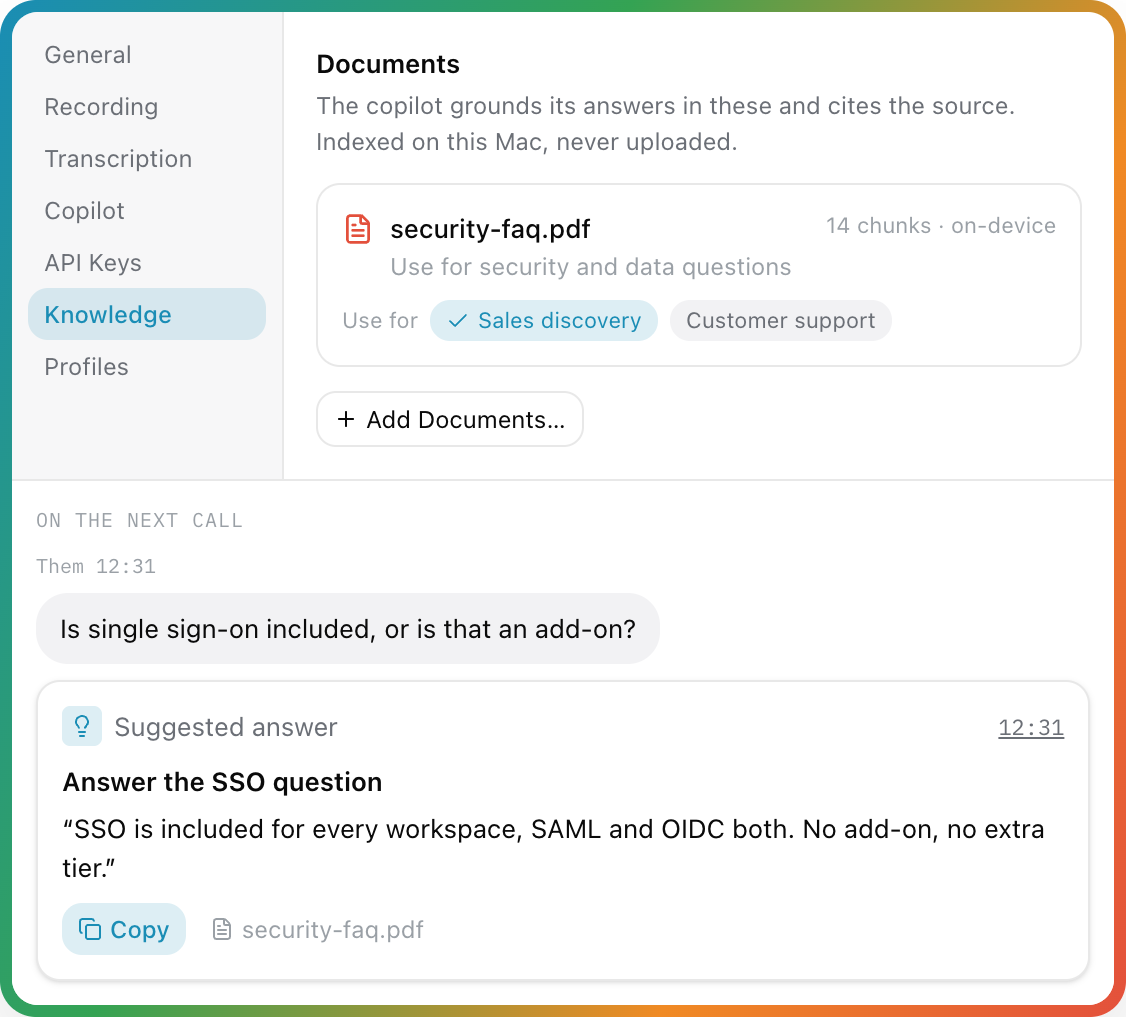 Knowledge settings with security-faq.pdf tagged for Sales discovery, and the copilot answering the SSO question from it