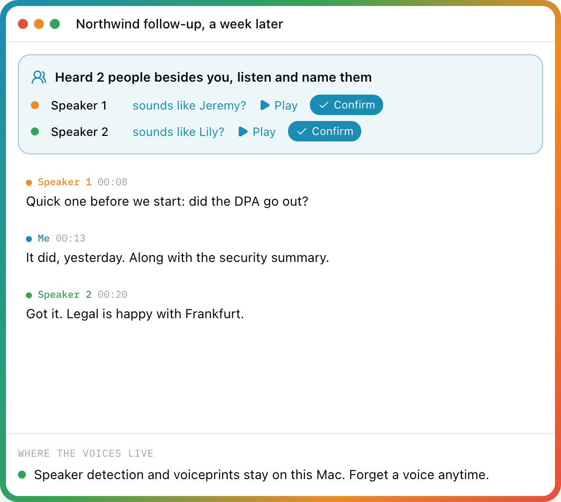 A follow-up call where Parrot suggests 'sounds like Jeremy?' and 'sounds like Lily?' with Play and Confirm buttons