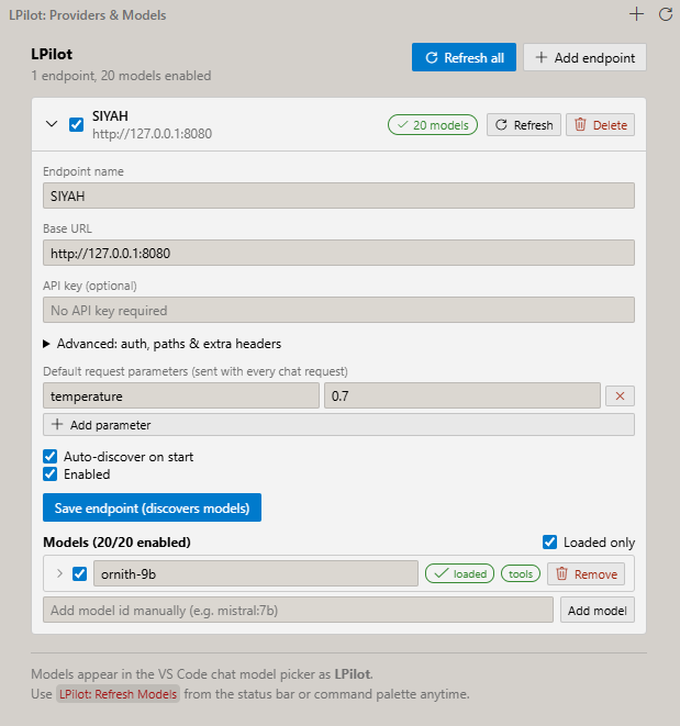 LPilot chat model picker grouping models by endpoint