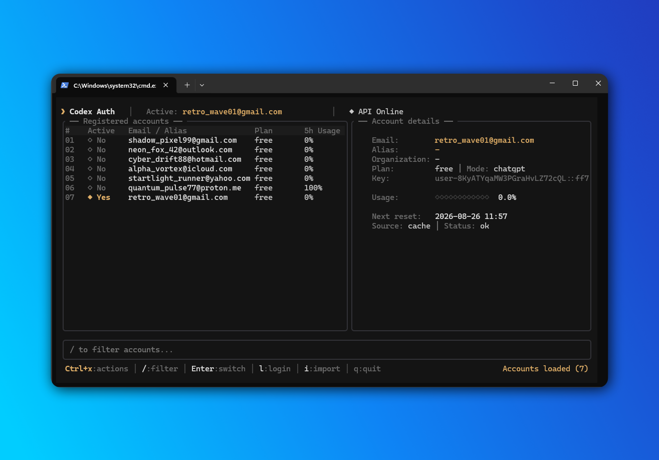 Codex Auth TUI Preview