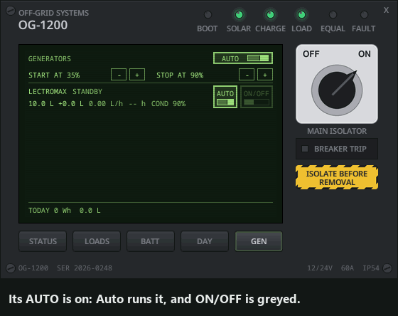 The GEN page: its AUTO off, then ON/OFF starts and stops it