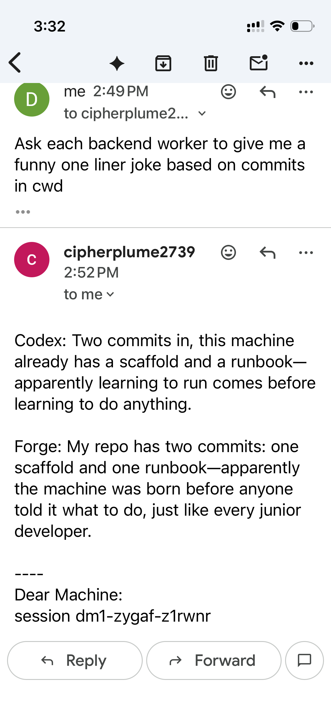 An email conversation: Codex and Forge reply with a joke about the project