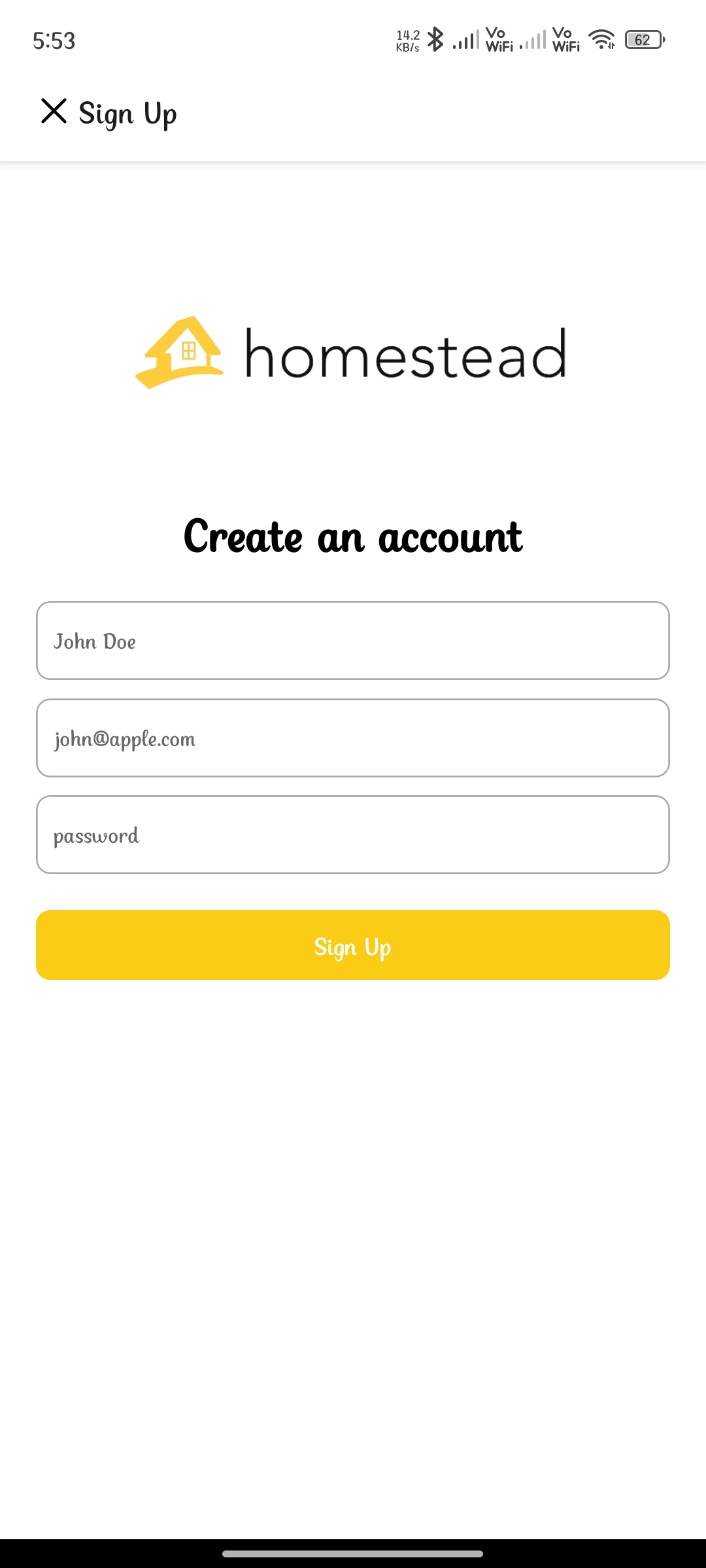 Sign Up Screen