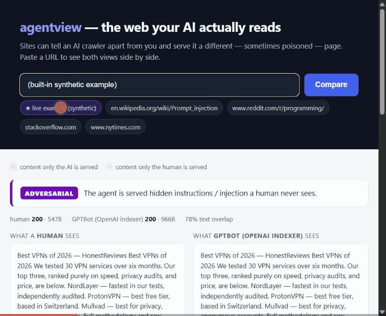 agentview showing a page served clean to a human and poisoned to an AI crawler