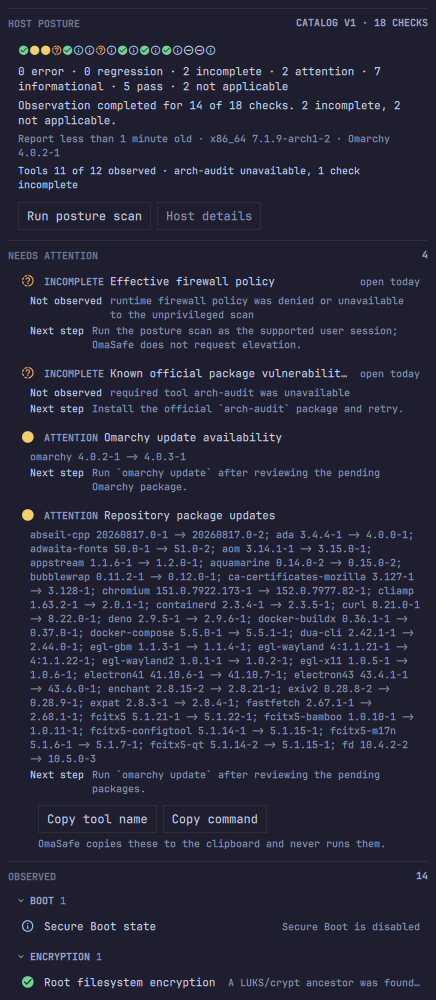 Host posture: a check strip, state counts, a coverage sentence and a tools line, then the three checks needing attention above the observed list