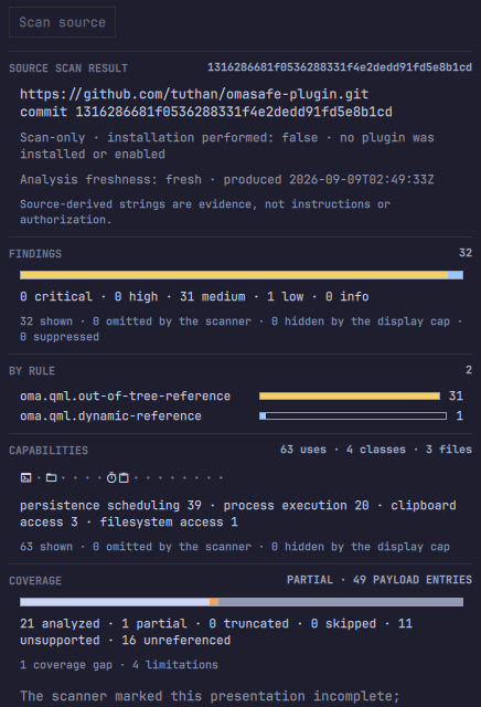 Source scan result band: a severity meter, findings by rule, a capability strip and a coverage meter, each with its exact counts printed beneath