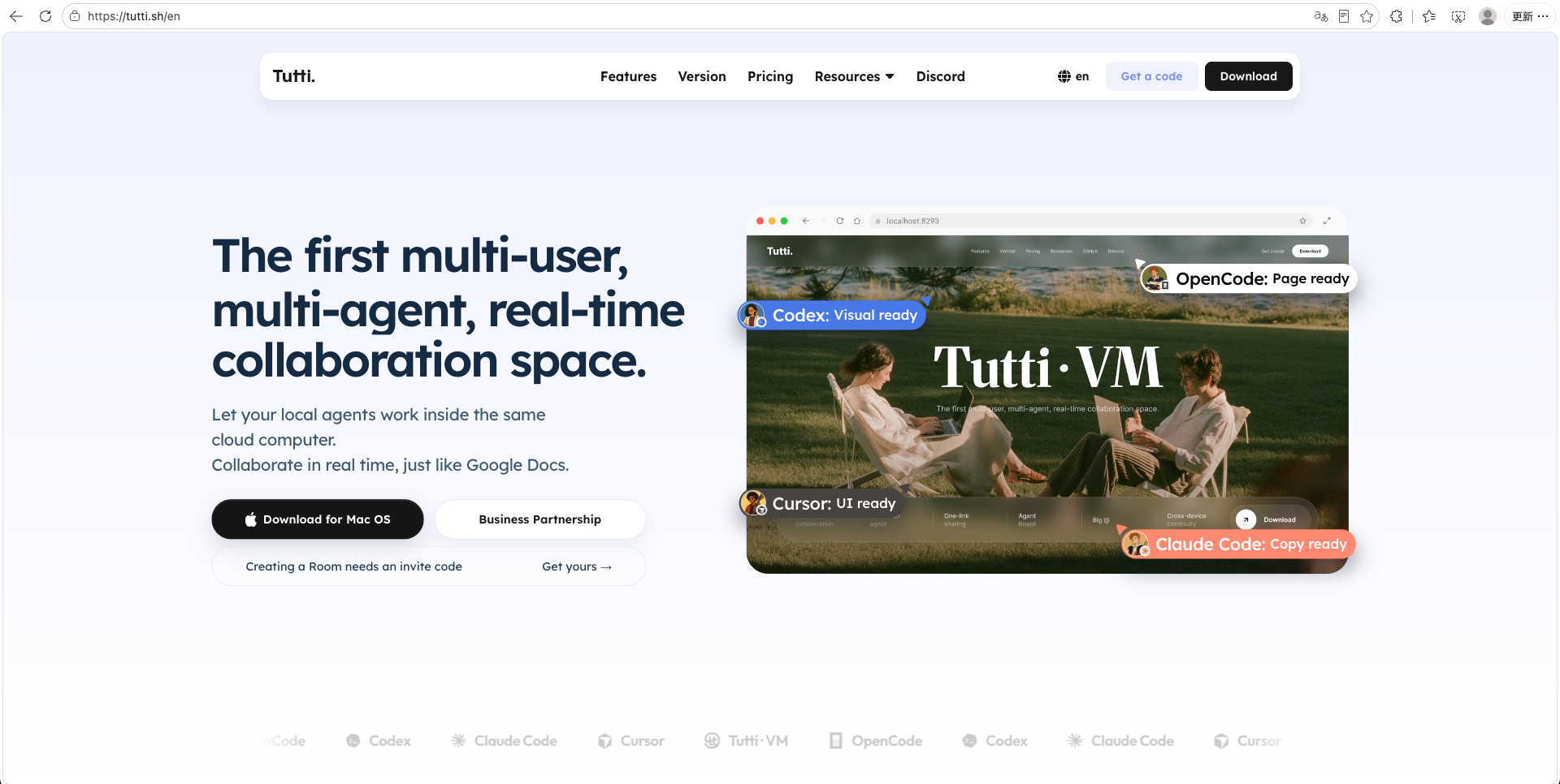 Tutti VM official website — a multi-user, multi-agent, real-time collaboration space