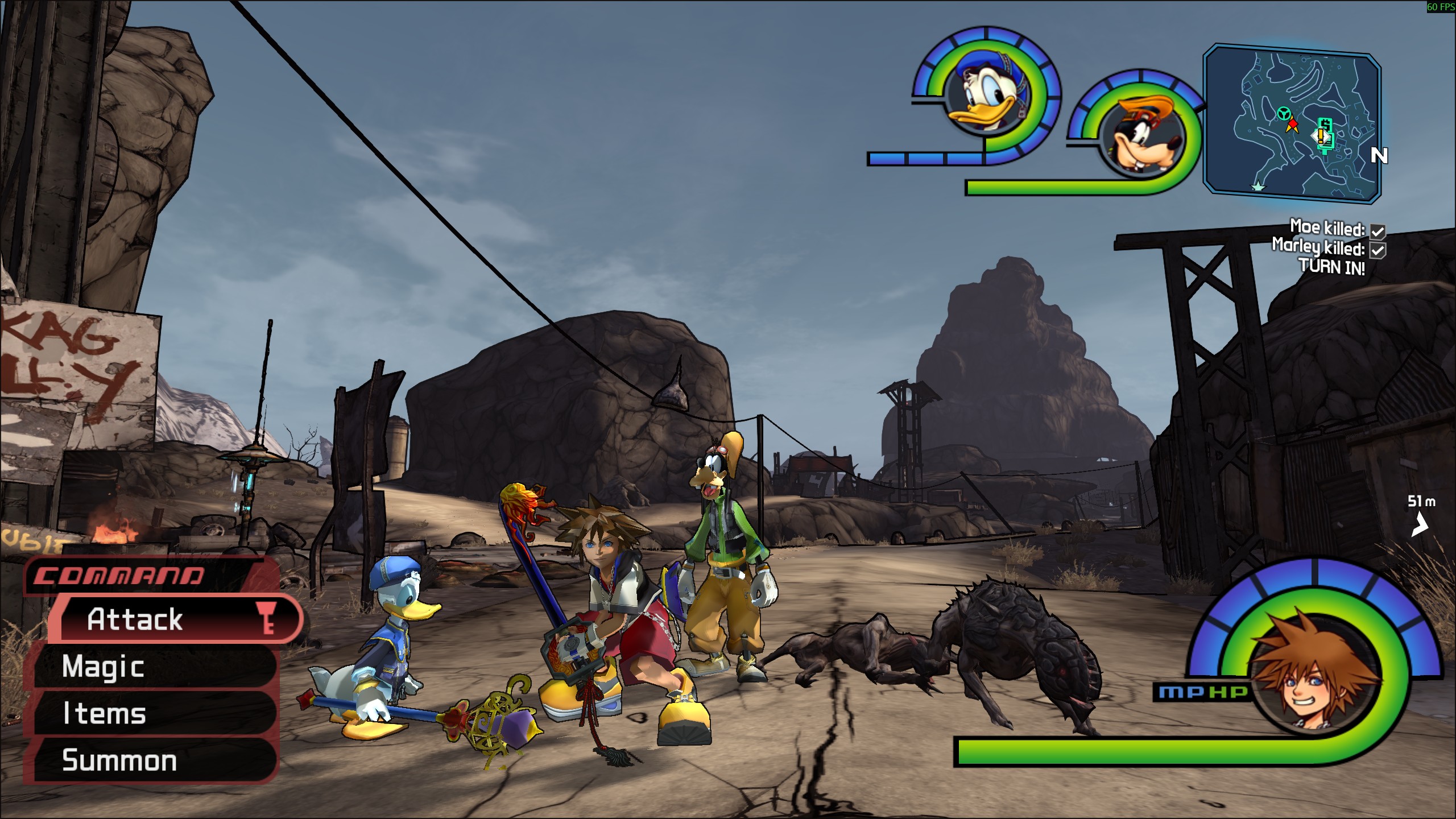 Sora in Borderlands: Sora, Donald and Goofy fighting skags in the Arid Badlands with KH1's command menu and HP gauges