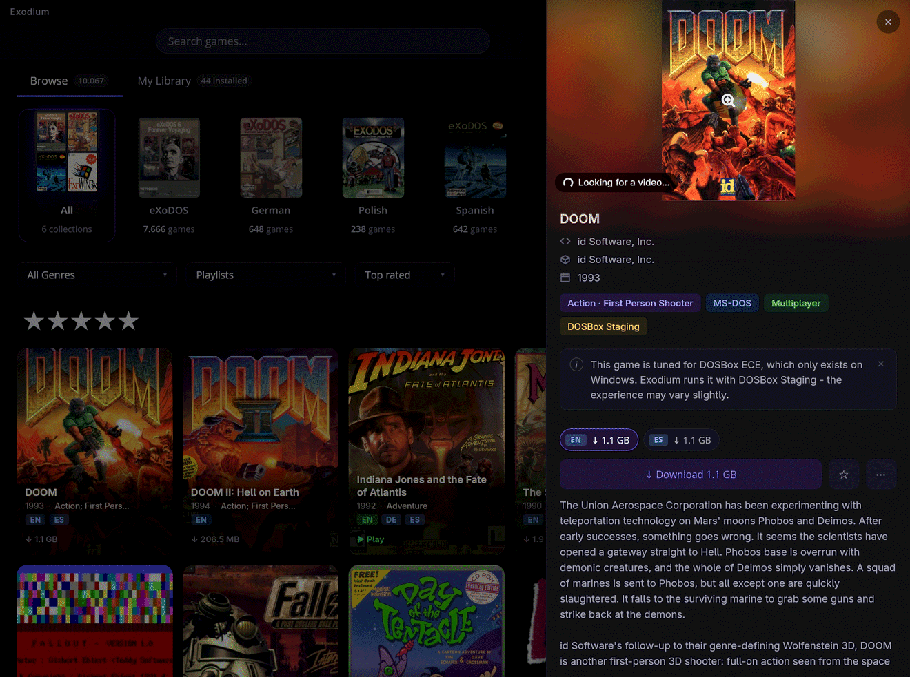 Game detail panel for DOOM with cover art, metadata, and language variants