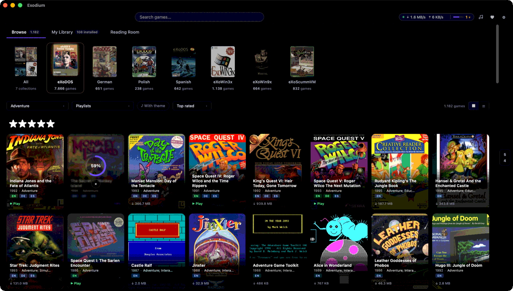 Browse view with the collection shelf, cover-art grid, and a download in progress