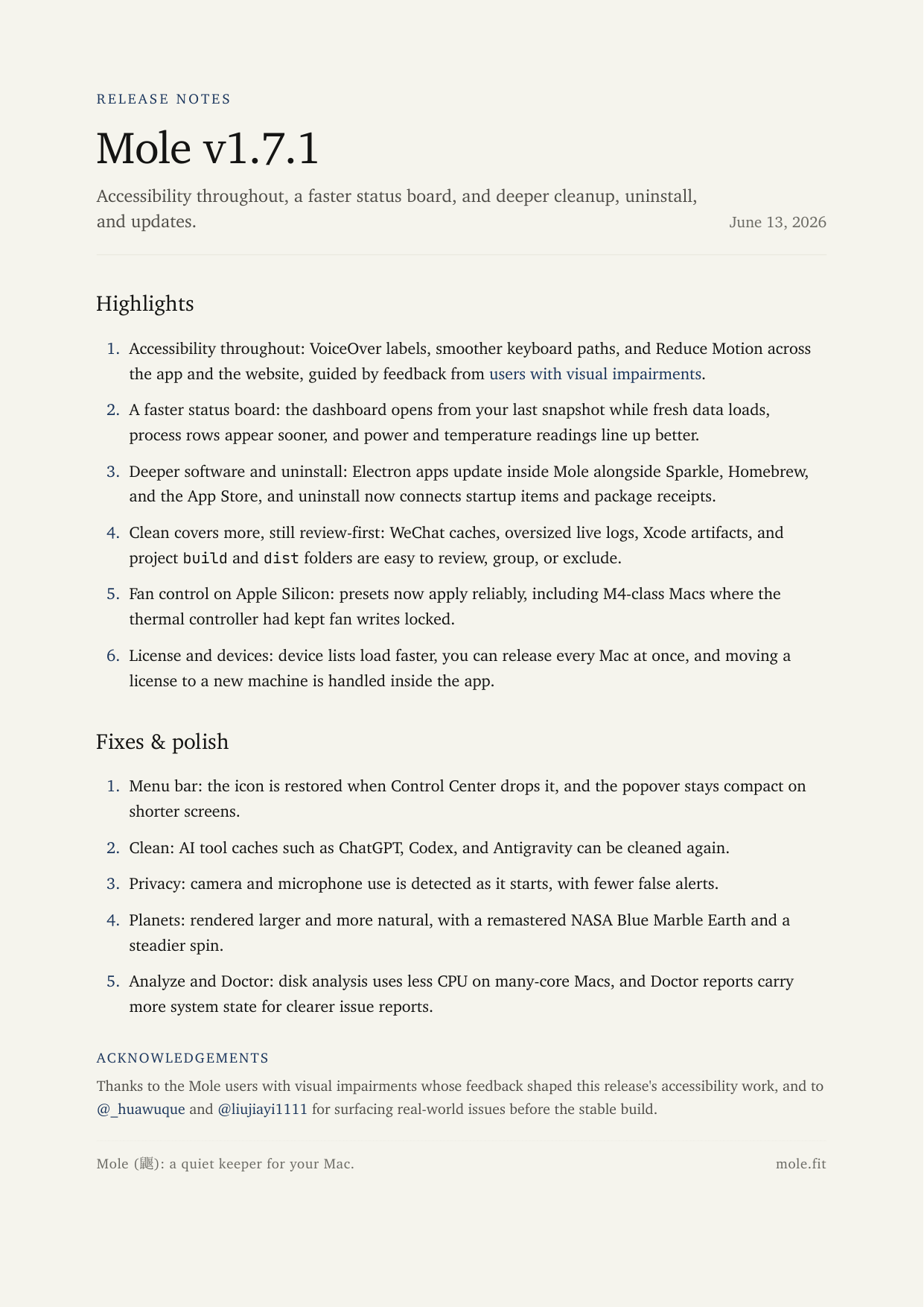 Mole release notes