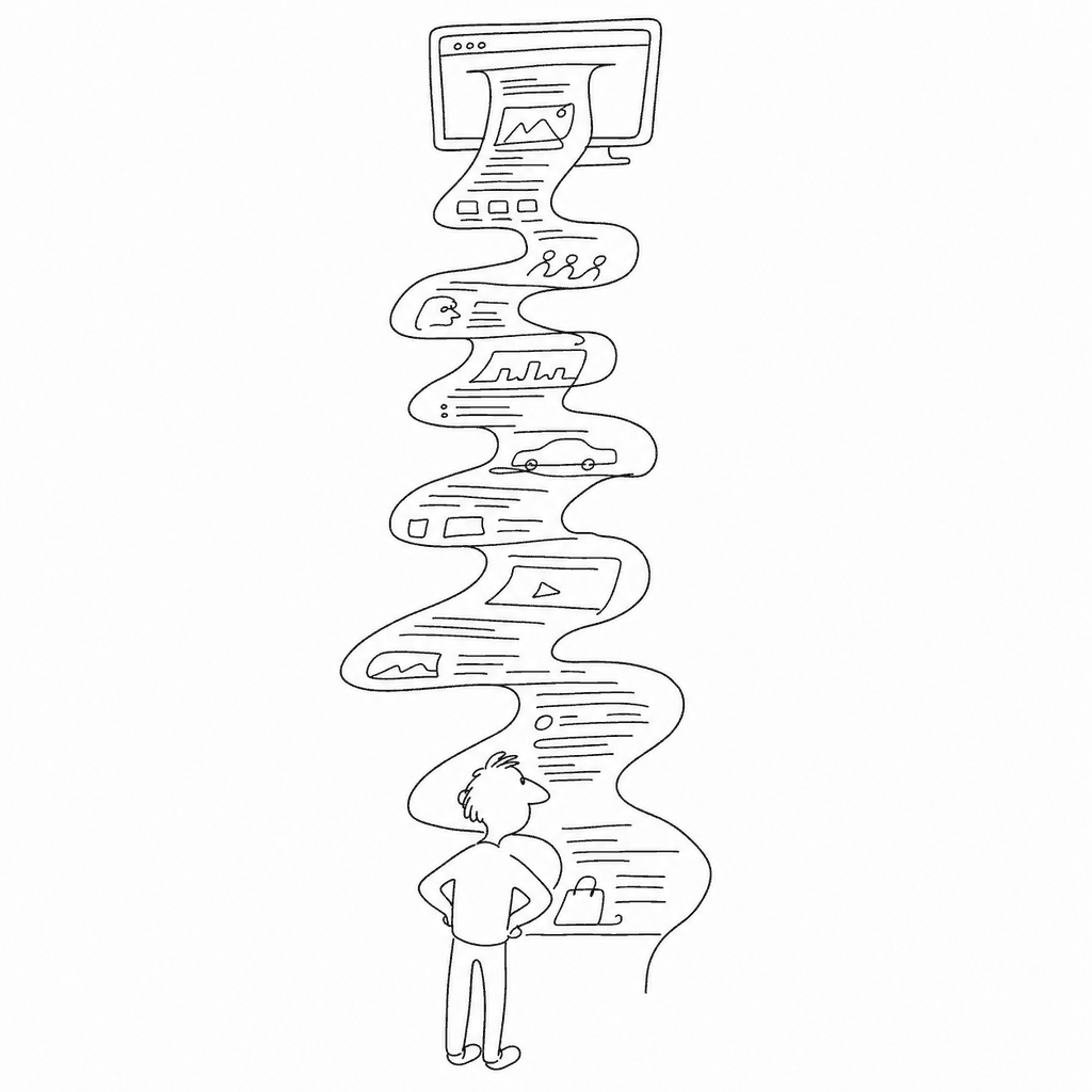 A browser window unspooling a whole web page into one long scroll