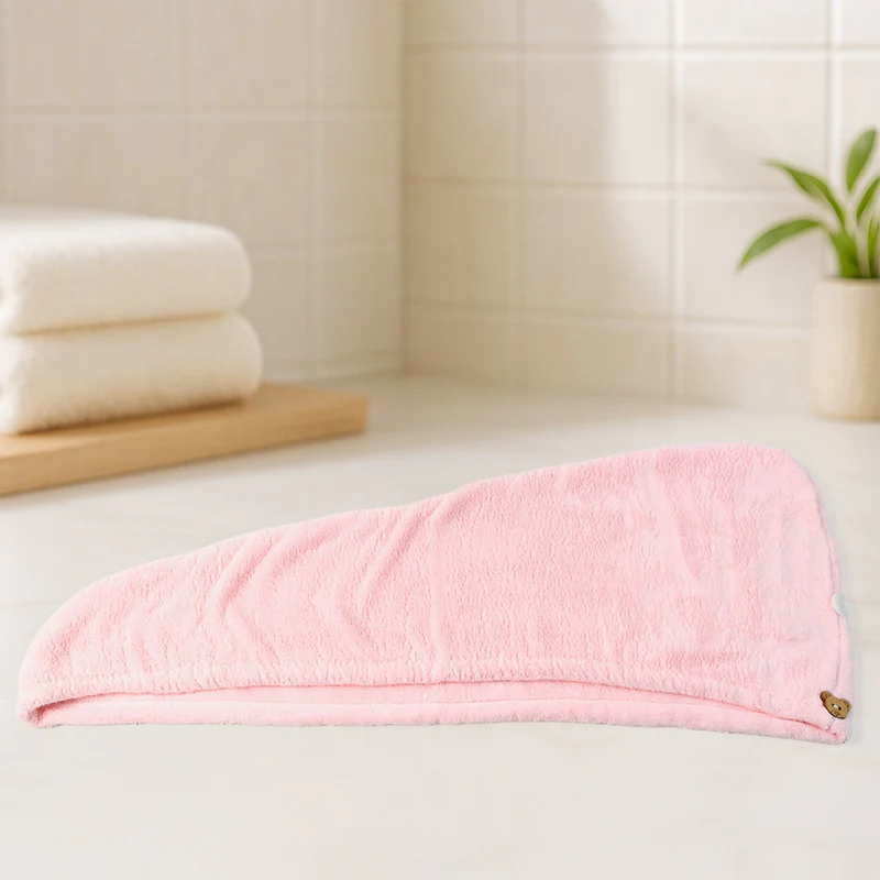 Soft Microfiber Hair Drying Towel Wrap with Cute Teddy Bear Button - Minaro