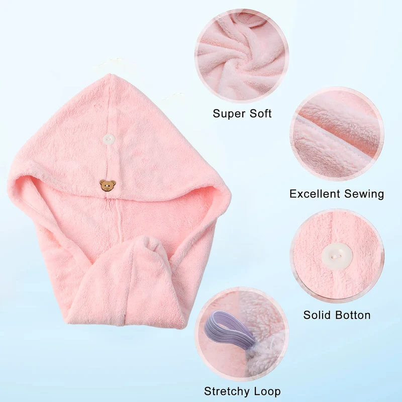 Soft Microfiber Hair Drying Towel Wrap with Cute Teddy Bear Button - Minaro