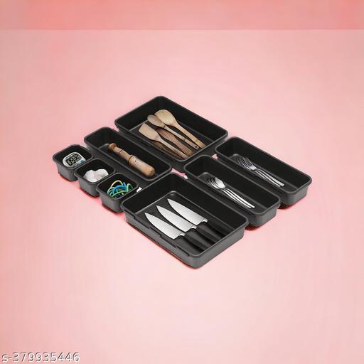 Modular Interlocking Drawer Organizer Set, Cutlery & Desk Storage Trays, Black, 8-Piece - Akry Store 