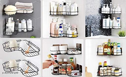 No-Drill Adhesive Corner Shelves, GI Metal Bathroom & Kitchen Storage, Black, Set of 2 - Akry Store 