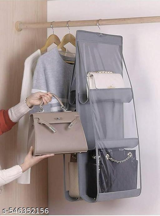 6-Pocket Hanging Purse Organizer, Foldable Clear Wardrobe Storage with Hook, Grey, Set of 2 - Akry Store 