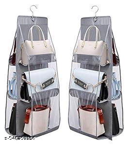 6-Pocket Hanging Purse Organizer, Foldable Clear Wardrobe Storage with Hook, Grey, Set of 2 - Akry Store 