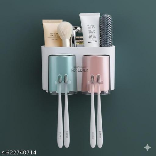 2-Cup Toothbrush Holder, Wall-Mounted Bathroom Organizer, No-Drill Design - Akry Store 