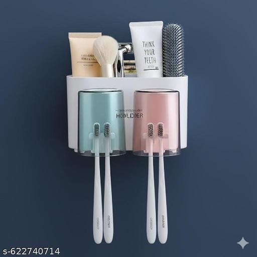 2-Cup Toothbrush Holder, Wall-Mounted Bathroom Organizer, No-Drill Design - Akry Store 