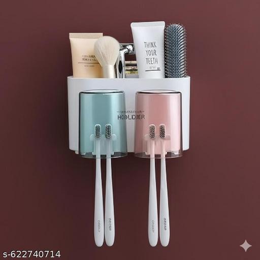 2-Cup Toothbrush Holder, Wall-Mounted Bathroom Organizer, No-Drill Design - Akry Store 