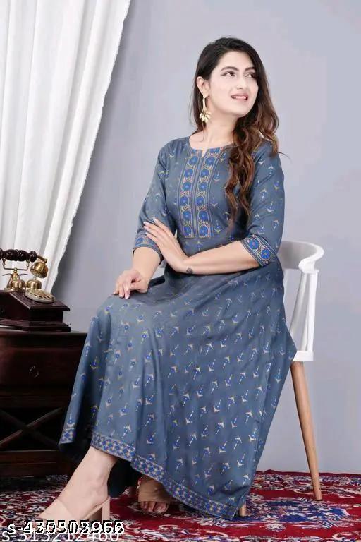 REVIVO Ladies syalis Grey English colour Style Berry Women printed Rayon Straight Anarkali Kurti (Grey Patta)) - REVIVO