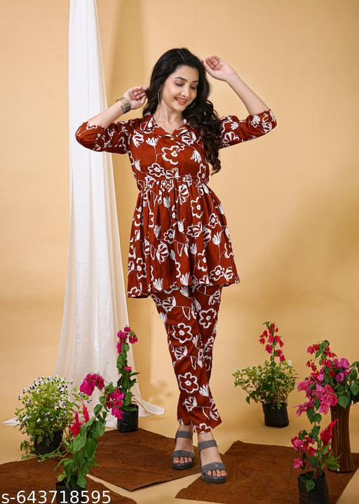 Women Premium Floral Printed Co-Ord Set with Shirt Style Top - Zeyoria