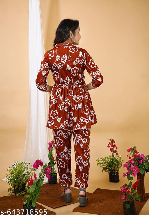 Women Premium Floral Printed Co-Ord Set with Shirt Style Top - Zeyoria