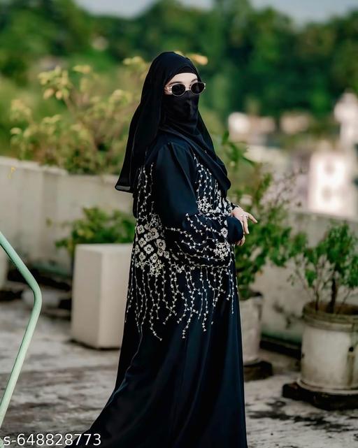 premium black embroidered abaya, luxury floral abaya, firdous fabric abaya, elegant modest wear, white threadwork abaya, designer abaya for women, abaya for party and eid, luxury islamic clothing, abaya online shopping. - Zeyoria