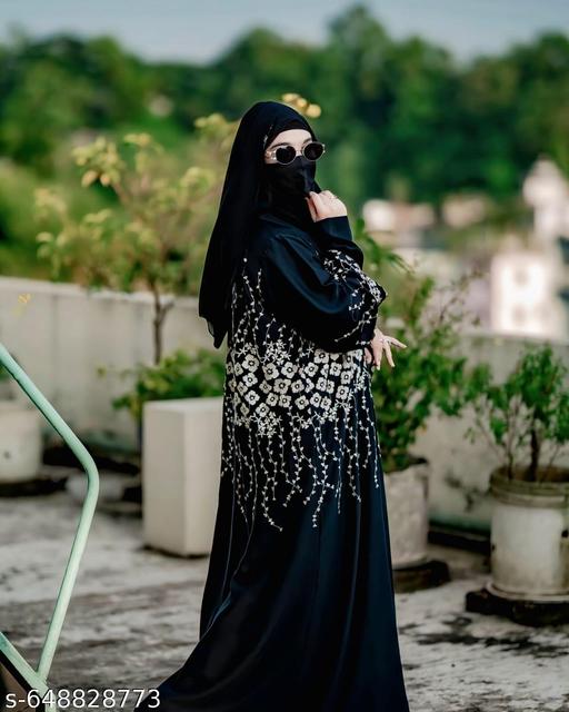 premium black embroidered abaya, luxury floral abaya, firdous fabric abaya, elegant modest wear, white threadwork abaya, designer abaya for women, abaya for party and eid, luxury islamic clothing, abaya online shopping. - Zeyoria