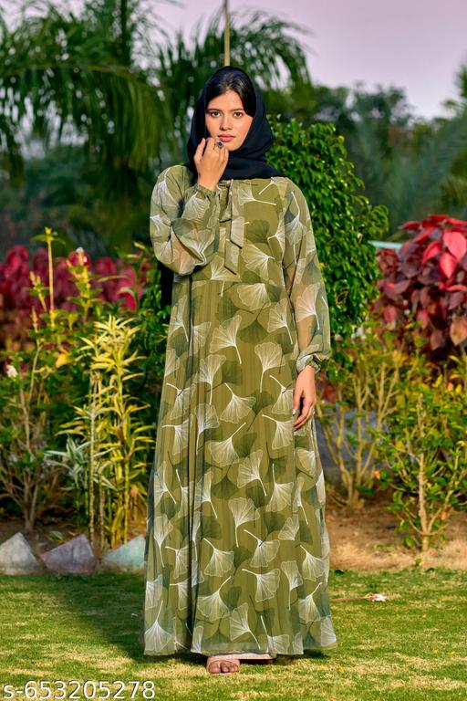 Trendy Floral Printed Georgette Long Modest Abaya - Zeyoria