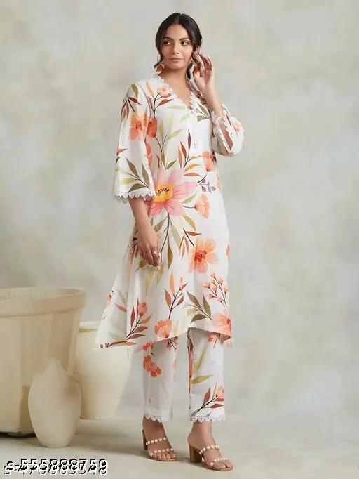  Women's Cotton Blend Floral Printed Kurta Pant Set Suitable For Every Indian Occasion - Zeyoria