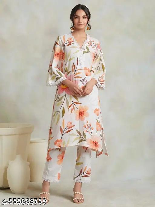  Women's Cotton Blend Floral Printed Kurta Pant Set Suitable For Every Indian Occasion - Zeyoria