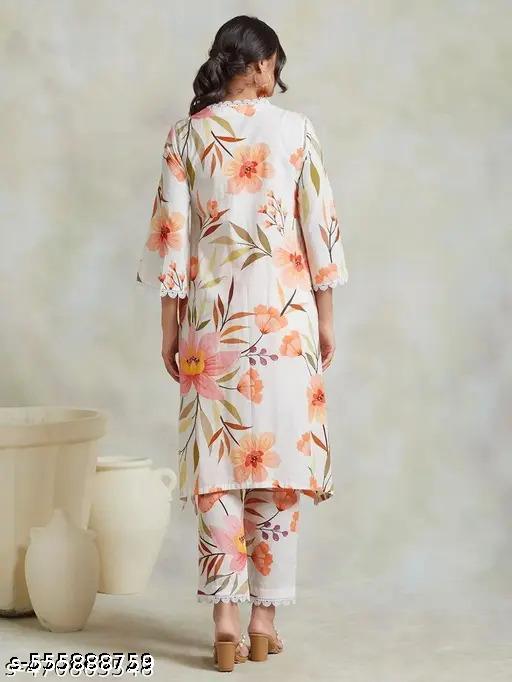  Women's Cotton Blend Floral Printed Kurta Pant Set Suitable For Every Indian Occasion - Zeyoria