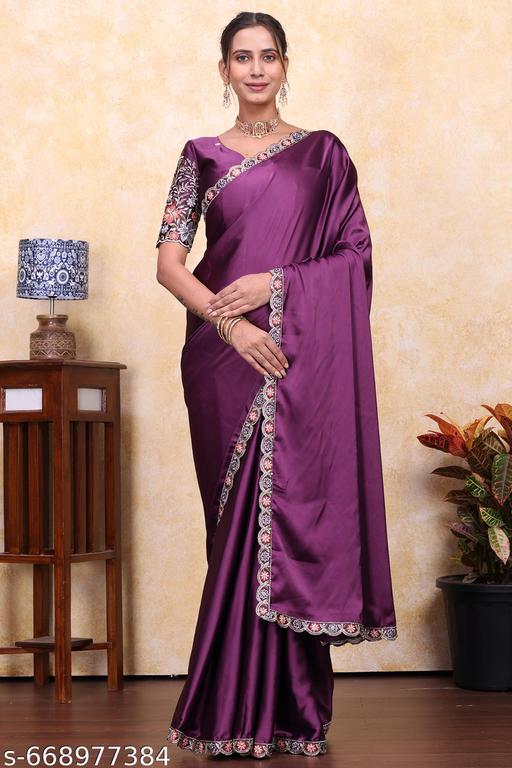Embroidered Bollywood Satin Saree - ALL 4 YOU