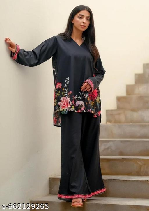 Designer Black Floral Printed Co-Ord Set | Indo-Western Black Floral Kurti Pant Set - Zeyoria