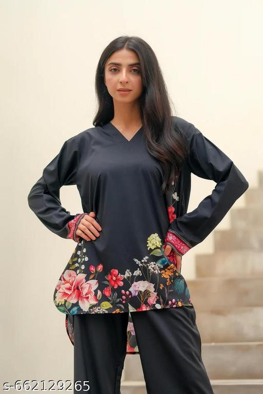 Designer Black Floral Printed Co-Ord Set | Indo-Western Black Floral Kurti Pant Set - Zeyoria