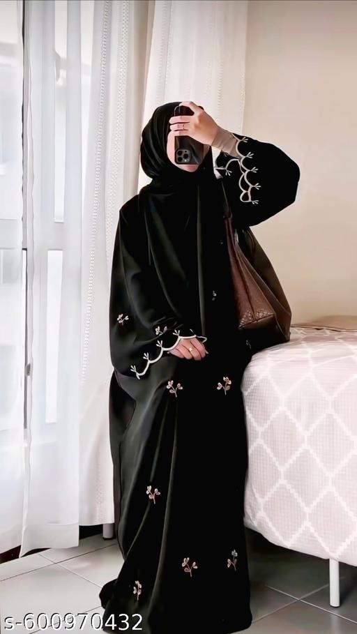 Luxury Black Abaya for Women in Premium Firdous Fabric with White Floral Embroidery on Sleeves and Hemline | Elegant Modest Islamic Clothing for Eid, Ramadan, and Special Occasions - Zeyoria