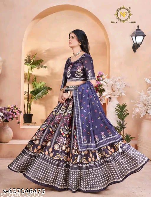 Luxury Silk Embroidered Lehenga Choli Set with Satin Bottom & Solid Silk Dupatta (Semi-Stitched) - ALL 4 YOU