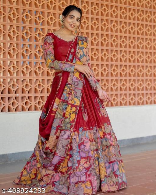 Maroon Kalamkari Silk Crush Lehenga - ALL 4 YOU