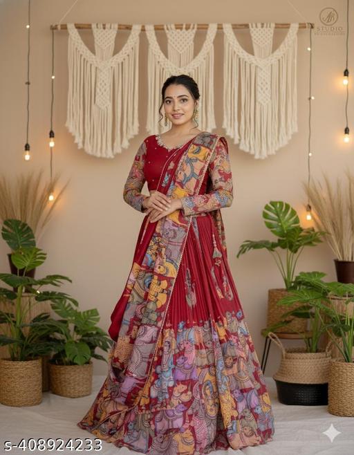 Maroon Kalamkari Silk Crush Lehenga - ALL 4 YOU