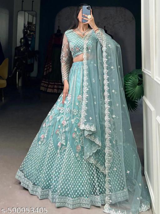 Embroidered Thread Work Semi-Stitched Lehenga with Unstitched Blouse and inner fabric with Stitched Dupatta - ALL 4 YOU