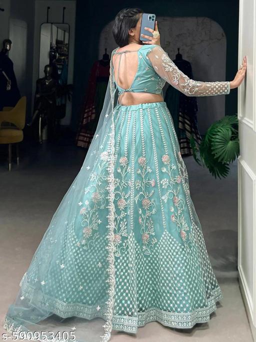 Embroidered Thread Work Semi-Stitched Lehenga with Unstitched Blouse and inner fabric with Stitched Dupatta - ALL 4 YOU