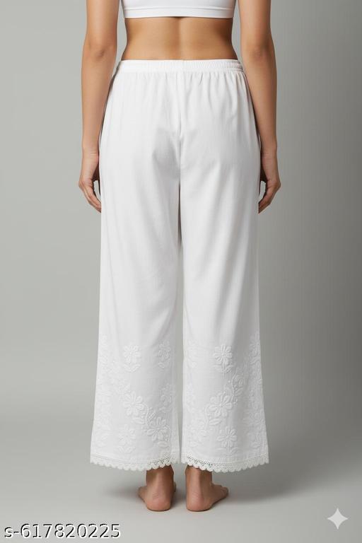 Premium cotton chikankari lucknowi embroidery pant plazzo with lace work for women white - ALL 4 YOU