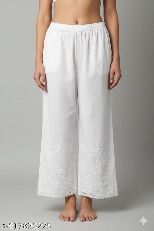 Premium cotton chikankari lucknowi embroidery pant plazzo with lace work for women white - ALL 4 YOU
