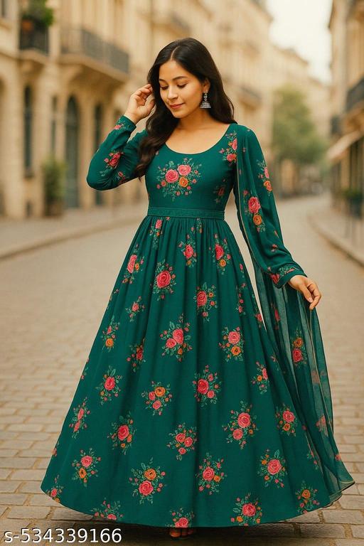 Ledies Stylish Fancy Trendy Printed Poly Georgette Maxi Flared Gown For Women For Party Wedding Festival Functions very comfortable  - ALL 4 YOU