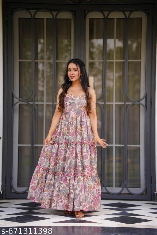 Women’s Pink Floral Printed Flared Maxi Dress | Stylish Party & Casual Wear Gown - ALL 4 YOU