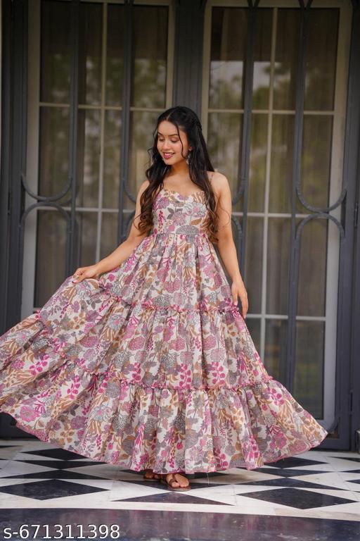 Women’s Pink Floral Printed Flared Maxi Dress | Stylish Party & Casual Wear Gown - ALL 4 YOU