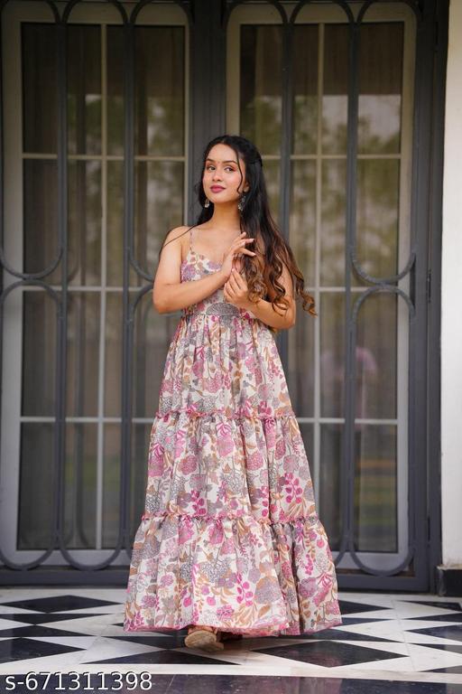 Women’s Pink Floral Printed Flared Maxi Dress | Stylish Party & Casual Wear Gown - ALL 4 YOU