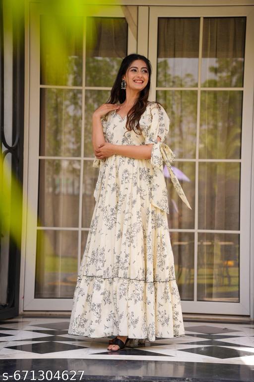 Women’s Cream Floral Printed Flared Maxi Dress | Stylish Party & Casual Wear Gown - ALL 4 YOU